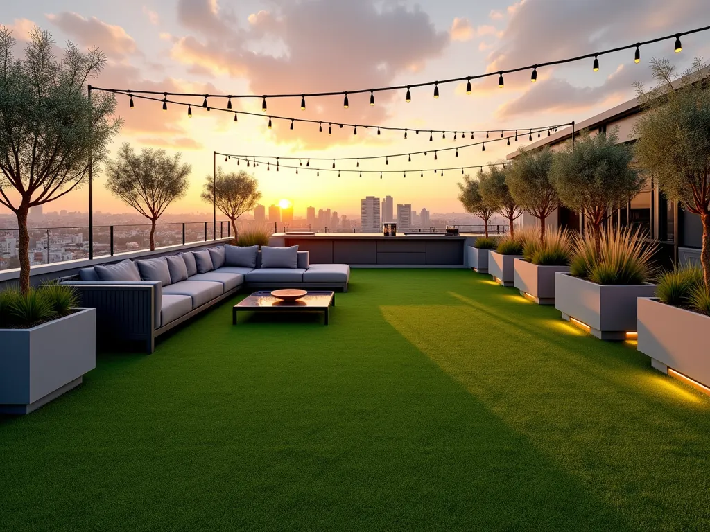 Modern Rooftop Garden Retreat - A stunning rooftop terrace at sunset, featuring vibrant artificial grass covering the floor space, with sleek modern outdoor furniture including a charcoal grey L-shaped sofa and glass coffee table. Mediterranean potted olive trees and tall ornamental grasses in contemporary concrete planters line the edges, while string lights criss-cross overhead. The surrounding cityscape creates a dramatic backdrop with golden hour lighting, while built-in LED floor lighting adds ambiance. A modern outdoor kitchen area with a small bar setup sits in one corner. Wide-angle perspective showcasing the entire space with careful attention to the seamless integration of the artificial turf and the urban setting.