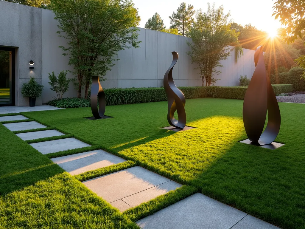 Modern Sculpture Garden with Artificial Grass - A sophisticated garden space featuring pristine artificial grass as a canvas for contemporary outdoor sculptures, photographed during golden hour. The scene captures a wide-angle view of three abstract metal sculptures strategically placed on a perfectly manicured artificial lawn. Clean geometric pathways of light grey limestone intersect the grass, leading to each sculpture. Modern LED ground lights illuminate the sculptures from below, creating dramatic shadows on the emerald artificial turf. The backdrop features a modernist concrete wall with climbing ivy, adding organic texture to the minimalist design. The composition is photographed with a DSLR camera using a wide-angle lens at f/8, ISO 100, and 1/125 shutter speed, capturing the warm evening light casting long shadows across the pristine artificial grass surface.