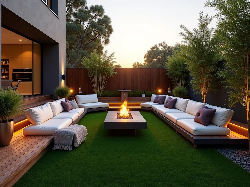 Modern Sunset Lounge with Artificial Grass - A stunning wide-angle view of a luxurious backyard lounge area at golden hour, featuring plush modern outdoor furniture set on pristine artificial grass. The space includes sleek charcoal-colored modular seating with cream cushions, positioned to face the setting sun. Integrated LED strip lighting runs along raised wooden deck borders, while modern copper lanterns cast a warm glow. A contemporary gas fire pit serves as the centerpiece, with its flames dancing in the twilight. Minimalist potted ornamental grasses and bamboo create subtle movement, while weatherproof throw pillows and blankets add comfort. The artificial grass appears lush and perfectly manicured, extending to create a seamless green carpet effect. Architectural wall lights mounted on the house facade provide additional ambient lighting, creating a cozy atmosphere as dusk approaches. The entire scene is captured with a slight elevated angle, showcasing the thoughtful layout and the interplay between modern design elements and natural textures.