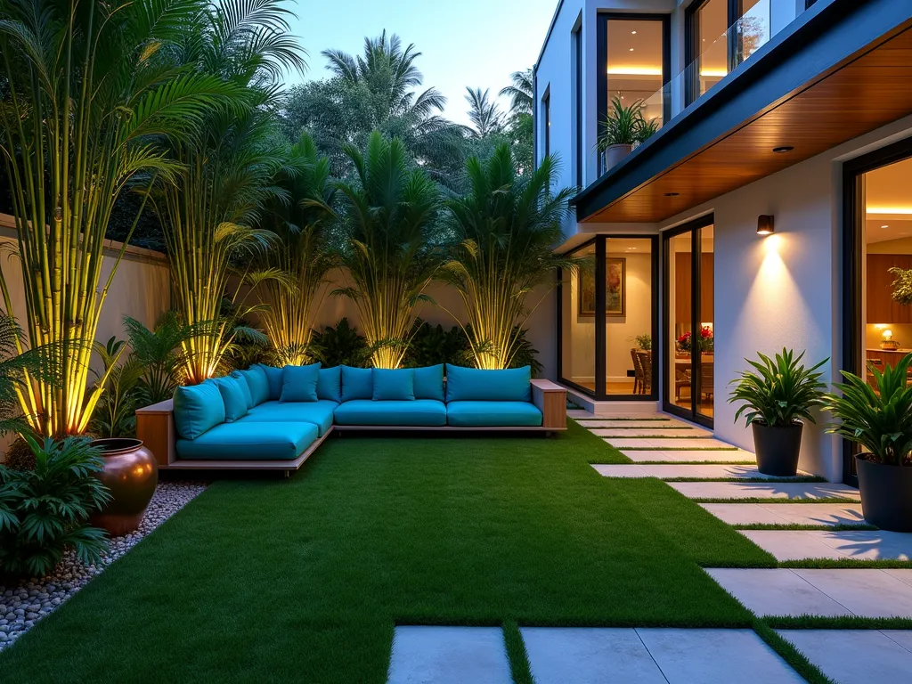 Modern Tropical Urban Garden with Artificial Grass - A twilight photograph of a contemporary urban garden featuring pristine artificial grass bordered by lush tropical plants. Shot with a wide-angle lens capturing a sleek charcoal-colored L-shaped outdoor sofa with bright turquoise cushions. Towering bamboo plants and large-leafed monstera create dramatic shadows against white rendered walls. Modern copper garden lights illuminate strategic spots, while potted bird of paradise plants add height variation. A geometric pattern of light grey porcelain tiles creates pathways through the artificial grass. Scattered copper planters contain colorful bromeliads and architectural cordylines. The scene is captured during blue hour, with subtle garden lighting creating a moody atmosphere, photographed at f/2.8 with subtle depth of field, 16mm focal length, ISO 400.