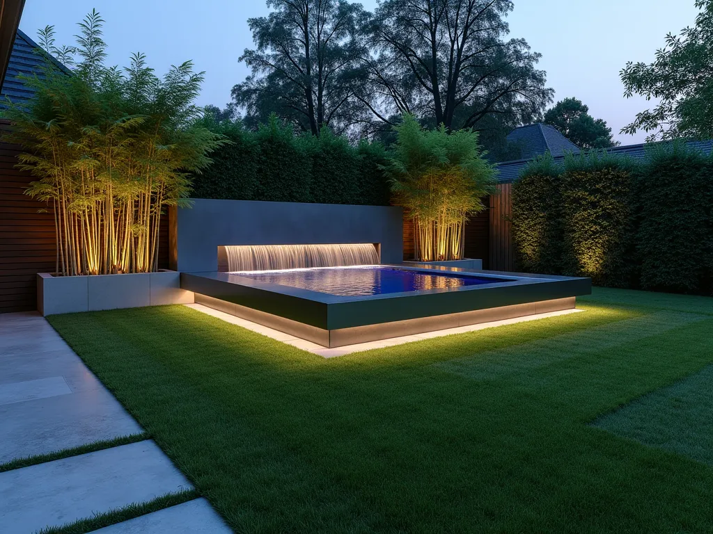 Modern Water Feature with Artificial Grass - A twilight photograph of a contemporary garden featuring a stunning rectangular water feature surrounded by pristine artificial grass. The water feature consists of three cascading chrome steel panels with water flowing smoothly down their surfaces, illuminated by subtle LED lighting. Shot from a low angle using a 16-35mm lens at f/2.8, capturing the reflection of the setting sun on the water's surface. The artificial turf is a premium grade with a natural green tone, perfectly manicured and level. Clean geometric pathways made of large format grey porcelain tiles border the grass area. Minimalist architectural planters containing tall bamboo create vertical interest. The composition emphasizes the interplay between the modern materials, water movement, and the artificial grass's pristine appearance, photographed during blue hour for maximum atmospheric effect.