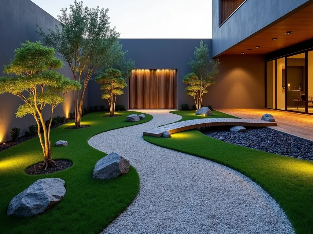 Modern Zen Garden with Artificial Grass - A serene Japanese-inspired garden at dusk, featuring a pristine strip of emerald artificial grass bordered by meticulously raked light grey gravel in traditional wave patterns. A winding natural stone pathway cuts through the space, leading to a contemporary bamboo screen backdrop. Miniature cloud-pruned bonsai trees and carefully placed granite boulders create focal points. Modern LED ground lighting casts subtle shadows across the textured surfaces, while a small wooden bridge spans across a dry riverbed filled with smooth black pebbles. Captured with a wide-angle lens at f/8, creating perfect depth of field to showcase the harmonious blend of Eastern and Western garden elements in the golden hour light.