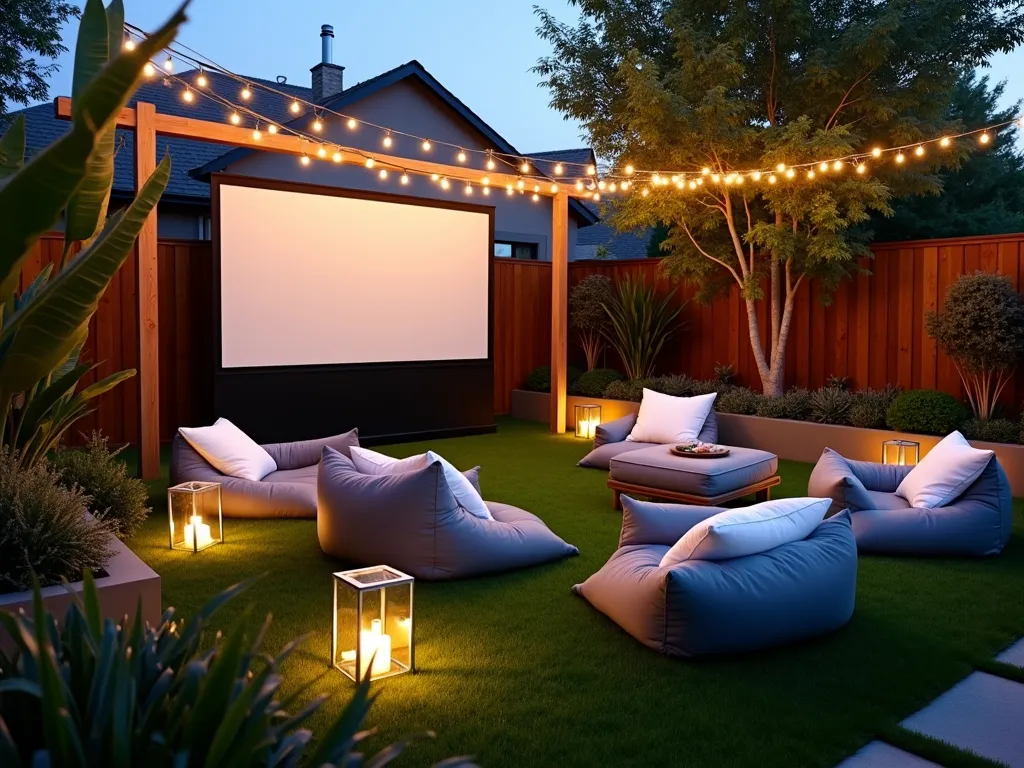 Cozy Outdoor Cinema Garden with Artificial Grass - A twilight photograph of a modern backyard outdoor cinema setup, shot with a wide-angle 16-35mm lens at f/2.8, ISO 400. The scene features a plush artificial grass area with scattered oversized gray and white weatherproof bean bags and floor cushions. Warm white string lights are elegantly draped overhead in a canopy formation, creating a magical ambiance. A large projector screen is mounted between two wooden posts, while modern lanterns line the artificial turf's edges. The artificial grass appears lush and inviting, with subtle landscape lighting highlighting its pristine texture. Contemporary potted plants in minimalist containers frame the space, while the background shows a subtle bokeh effect of the garden lighting. The composition captures the cozy, intimate atmosphere of the outdoor cinema space at dusk.