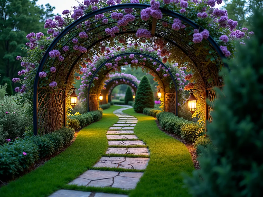 Enchanted Artificial Grass Pathway at Dusk - A professional DSLR photograph of a winding garden pathway through lush artificial grass, captured at dusk with soft ambient lighting. Ornate metal archways draped with blooming wisteria and climbing roses create romantic tunnels along the curved path. Natural stone pavers are nestled into the artificial turf, creating a seamless transition. Vintage-style copper lanterns illuminate the pathway, casting a warm glow on the surrounding evergreen shrubs and perennial flowers. Shot with a wide-angle lens at f/8, creating beautiful depth and capturing the magical atmosphere of this secret garden setting. Traditional English garden elements blend harmoniously with the modern, low-maintenance artificial grass.