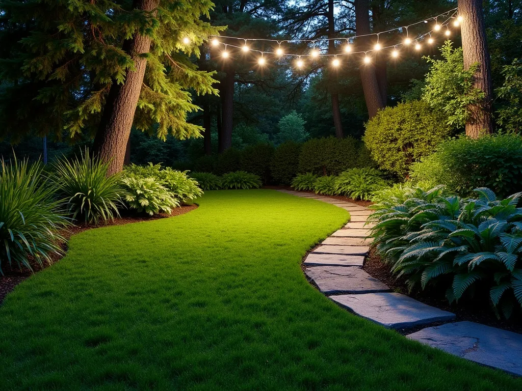 Enchanted Shade Garden with Artificial Grass - A serene evening garden scene featuring a pristine artificial grass lawn in a shaded corner, surrounded by lush hostas, ferns, and Japanese forest grass. Soft LED landscape lighting casts a warm glow through the foliage, creating magical shadows on the emerald artificial turf. A weathered stone pathway winds through the space, while string lights hang overhead between mature trees. The artificial grass maintains a perfect, vibrant green despite the deep shade, contrasting beautifully with the natural woodland plants. Shot from a wide angle perspective at dusk to capture the atmospheric lighting and depth of the space.