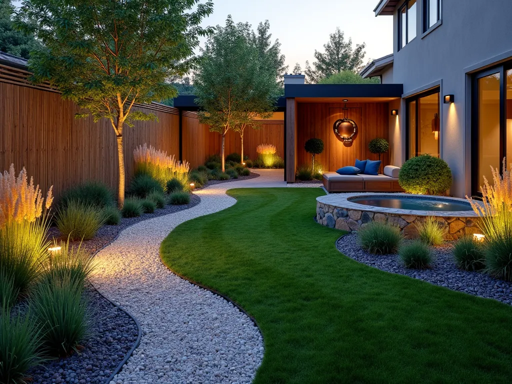 Therapeutic Sensory Garden with Artificial Grass - A serene twilight scene of a modern sensory garden featuring pristine artificial grass as the base, photographed with a wide-angle lens at golden hour. The garden showcases curved pathways bordered by lavender and rosemary beds creating aromatic zones. Textured elements include bamboo screens, smooth river stones, and a central copper wind chime installation. Illuminated sensory stations feature different tactile materials including smooth pebbles and rough bark. A small meditation area with comfortable seating is surrounded by tall ornamental grasses that dance in the breeze. Soft landscape lighting casts gentle shadows across the artificial turf, while a compact water feature provides gentle acoustic elements. Shot at f/8 with warm evening light highlighting the various textures and creating depth in the composition.