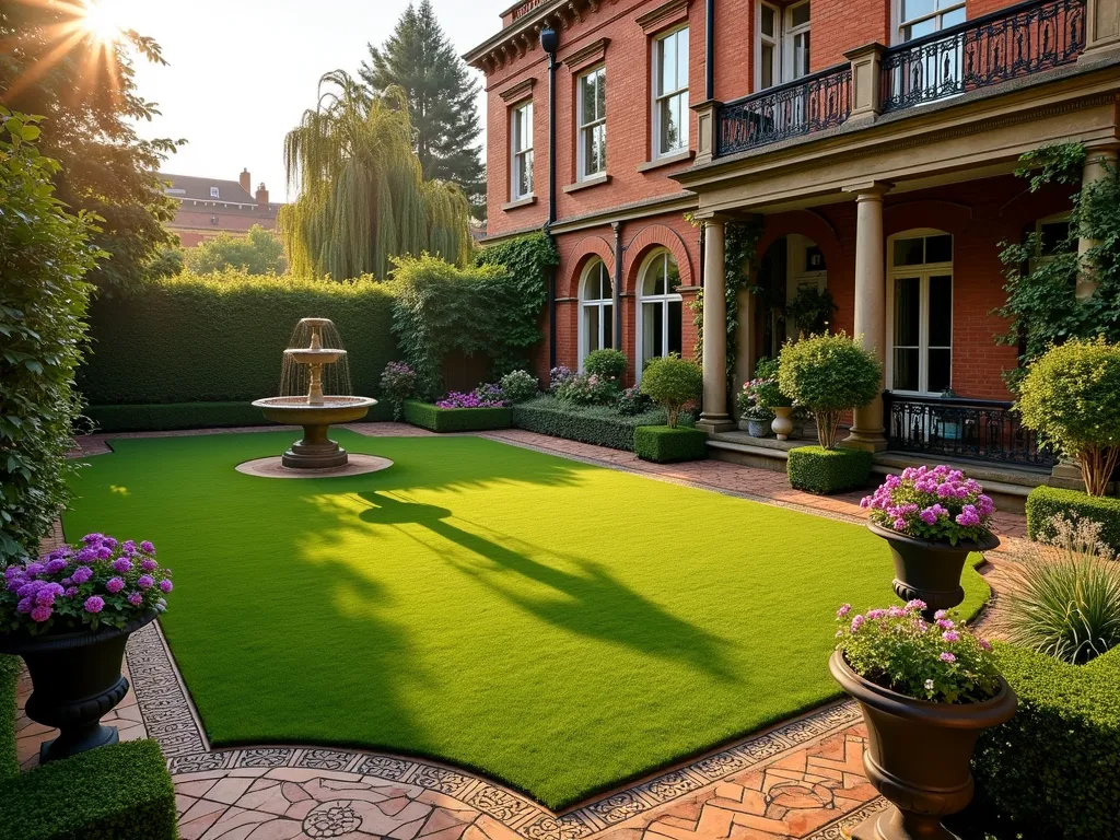 Victorian Garden with Modern Artificial Grass - A stunning Victorian garden at golden hour, photographed with a wide-angle lens showing a perfectly manicured artificial grass lawn surrounded by authentic Victorian ornamental terracotta tiles and intricate iron railings. Traditional box hedges and climbing roses frame the space, while decorative urns filled with lavender and geraniums add classic Victorian charm. The lawn's emerald artificial grass creates clean lines against detailed geometric tile pathways, with a classic Victorian water fountain as the centerpiece. Soft evening sunlight casts long shadows across the pristine grass, highlighting its realistic texture while illuminating the period architectural features of the adjacent Victorian house. Shot at f/2.8 with atmospheric depth and rich colors.