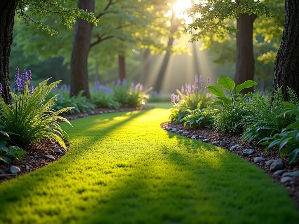 Woodland Edge Artificial Grass Transition - A serene early morning garden scene captured with a wide-angle lens showcasing a masterful transition between artificial grass and a woodland garden area. The artificial turf maintains a pristine emerald green while seamlessly blending into curved, organic borders filled with native shade-loving plants. Morning dew glistens on ferns, wood anemones, and bluebells that spill naturally from the woodland edge onto the grass border. Dappled sunlight filters through mature trees, creating a magical interplay of light and shadow across the scene. The curved border is artfully lined with weathered stepping stones and natural bark mulch, creating a soft, natural transition. Professional photography with shallow depth of field highlighting the textural contrast between the manicured artificial grass and the wild, natural woodland plantings.