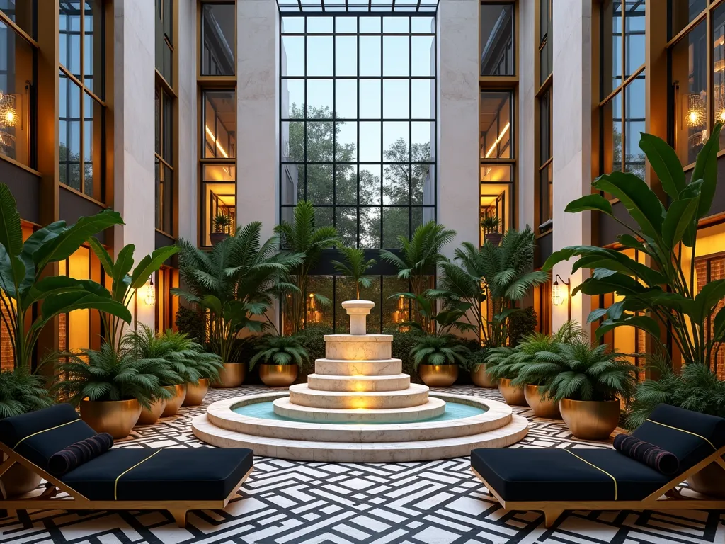 Luxurious Art Deco Atrium Garden - A stunning indoor atrium garden photographed at dusk, showcasing a dramatic Art Deco design. Symmetrical glass walls soar upward, featuring geometric metal framing in brushed gold. A central marble fountain with stepped tiers and angular patterns serves as the focal point. Tall, sculptural bird of paradise plants and fan palms create bold architectural lines. Metallic planters with sharp geometric patterns contain precisely trimmed snake plants. Black and gold Art Deco loungers with velvet cushions flank the fountain. Dramatic uplighting casts geometric shadows through the plants onto white walls, while pendant lights with geometric glass patterns hang at varying heights. The floor features an intricate black and white geometric tile pattern. Captured with a wide-angle lens to showcase the vertical space and symmetry, with the warm evening light filtering through the glass ceiling. Shot at f/8, ISO 100, 1/125 sec.