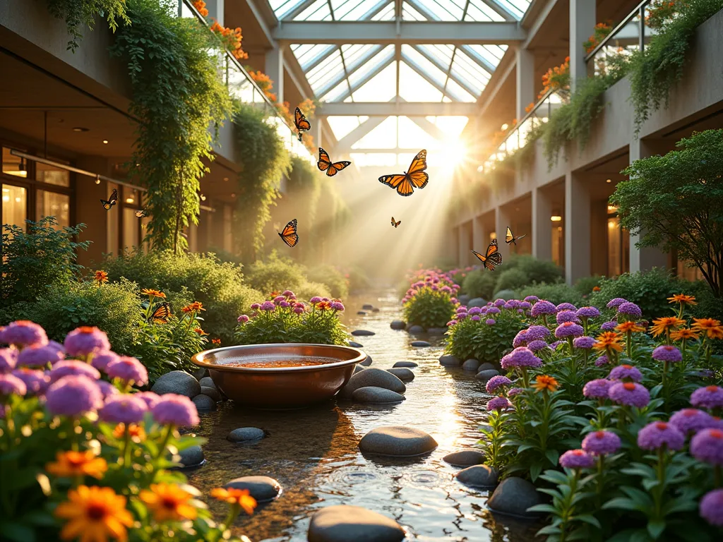 Butterfly Atrium Sanctuary - A sunlit indoor atrium garden photographed during golden hour, featuring a stunning butterfly-friendly haven. Multiple levels of colorful flowering plants including purple butterfly bush, orange lantana, and pink echinacea create a layered effect. A decorative copper bird bath serves as a shallow water feature, surrounded by smooth sun-warmed rocks. Natural light streams through the glass ceiling, creating magical light rays that illuminate several monarch and swallowtail butterflies in flight. The scene is captured from a wide angle to show the full atrium space, with carefully placed garden paths winding through the butterfly-friendly plantings. Modern architectural elements frame the natural paradise, with climbing jasmine vines softening structural columns. The overall atmosphere is serene and enchanting, with a perfect balance of cultivated beauty and natural wildlife.