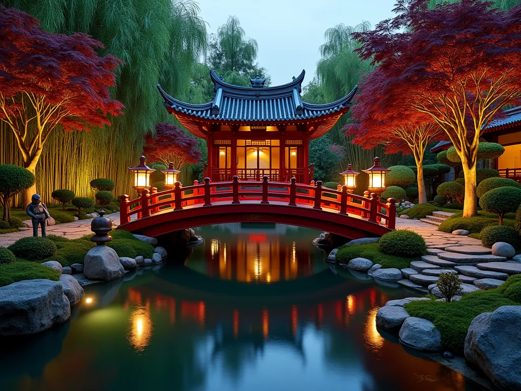 Serene Chinese Atrium Bridge - A stunning wide-angle twilight view of an elegant indoor atrium garden featuring a gracefully arched vermillion Chinese bridge spanning a tranquil koi pond. The bridge is reflected perfectly in the still water below, illuminated by traditional stone lanterns casting a warm glow. Surrounding the scene are carefully pruned Japanese maple trees with deep burgundy leaves, while tall emerald bamboo groves create natural walls. A traditional Chinese pavilion with upturned roof corners sits in the background, adorned with ornate carved details. Stone pathways lined with moss meander through the space, while ornamental stone sculptures and bronze garden ornaments add authentic touches. Soft ambient lighting creates a magical atmosphere, highlighting the architectural elements and casting gentle shadows through the foliage.