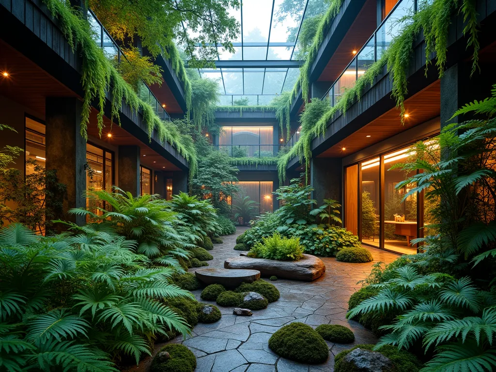 Enchanted Indoor Forest Atrium - A dramatic wide-angle shot of a luxuriant indoor atrium garden at twilight, designed as a woodland sanctuary. Natural stone pathways and elevated wooden boardwalks weave through lush layers of native ferns and carpet moss. Fallen cedar logs, covered in emerald moss, create natural borders. Strategic uplighting casts ethereal shadows from Japanese Painted Ferns and Ghost Ferns onto glass walls, while Bird's Nest Ferns emerge from dark corners. A gentle mist hovers above the forest floor, illuminated by warm LED spotlights that highlight the textural interplay of foliage. The space features varying heights of vegetation, from ground-hugging moss to tall Tree Ferns, creating a multi-dimensional forest canopy effect. Shot with a 16-35mm lens at f/2.8, ISO 400, capturing the moody interplay of light and shadow. Photographed from a lower angle to emphasize the towering effect of the plants and architectural elements.