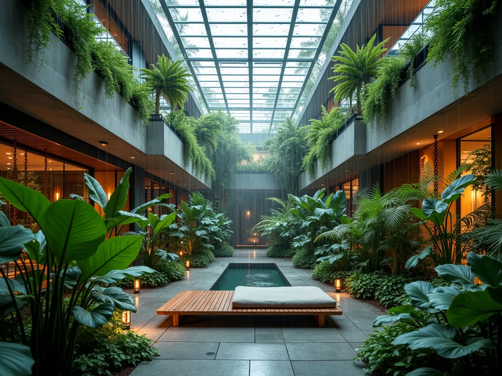 Tranquil Glass-Ceiling Rain Garden Atrium - A stunning architectural photograph of a modern indoor atrium garden, shot during a gentle rain shower at dusk. The dramatic glass ceiling spans overhead, with raindrops creating mesmerizing patterns. Natural light filters through, illuminating lush ferns, peace lilies, and tropical monstera plants below. A sleek concrete drainage system is elegantly integrated into the design. In the center, a contemporary teak wood seating area with plush waterproof cushions faces a small reflection pool. Copper rain chains guide water from the ceiling to collection points. The space features ambient lighting that creates a cozy atmosphere as daylight fades. Shot with a wide-angle lens at f/2.8, capturing both the architectural grandeur and intimate garden details. Professional photo with 16-35mm lens, creating depth and emphasizing the interplay between nature and modern design.