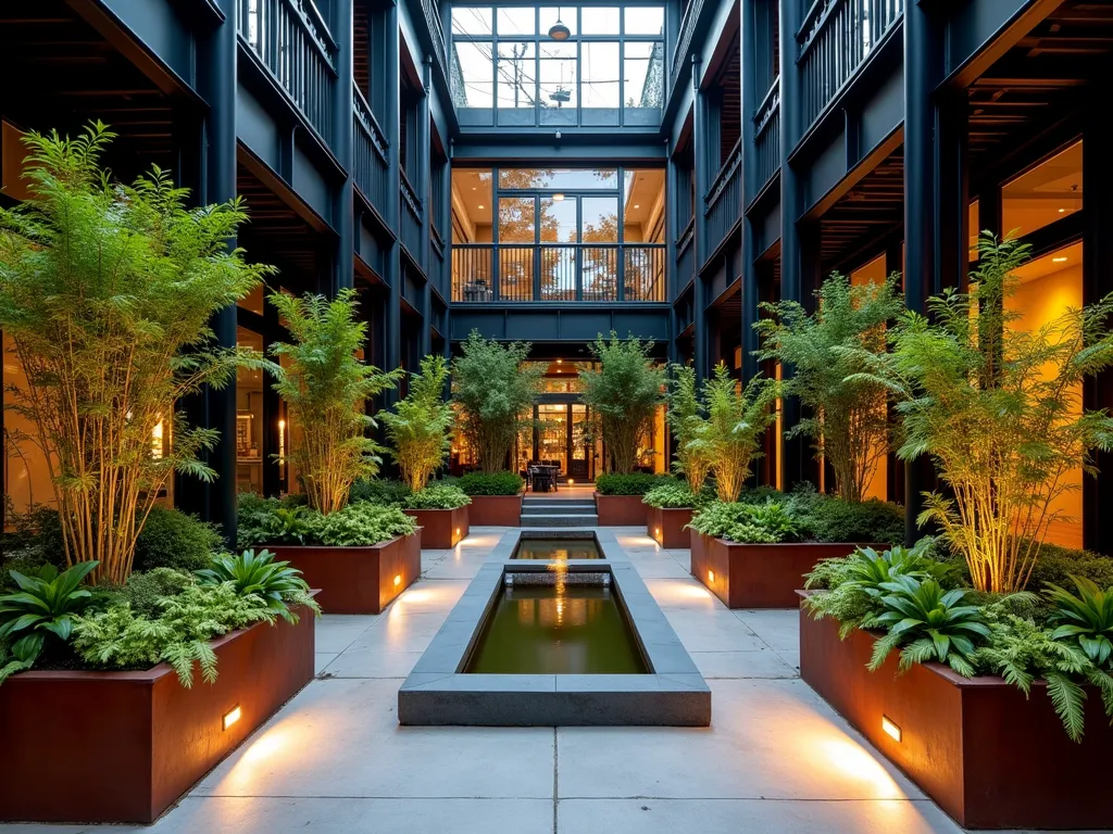 Modern Industrial Atrium with Cascading Greenery - A dramatic twilight shot of a contemporary indoor atrium garden featuring floor-to-ceiling windows. Geometric Corten steel planters of varying heights create a striking architectural statement, while cascading Boston ferns and silver falls dichondra spill over their edges. Industrial black metal beams contrast with polished concrete flooring, illuminated by modern pendant lights. A central water feature made of weathered steel provides a focal point, surrounded by structured bamboo plantings in minimalist concrete containers. Shot with a wide-angle lens capturing the vertical dimension of the space, with soft evening light filtering through the glass ceiling, creating dramatic shadows and highlighting the interplay between industrial materials and organic plant forms.