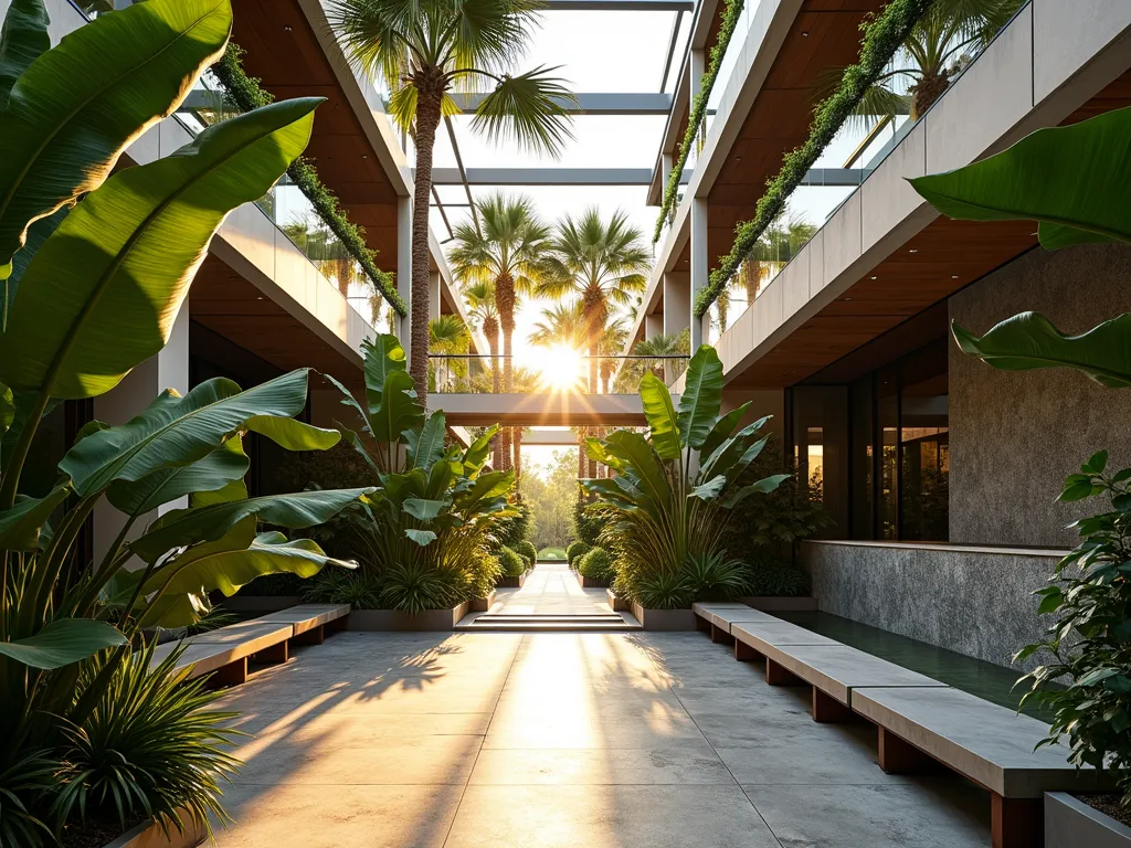 Luxury Tropical Atrium Garden - A stunning modern atrium garden photographed during golden hour with sunlight filtering through tall palm fronds. Wide-angle shot showcasing a double-height glass-enclosed space with soaring Kentia palms and dramatic Bird of Paradise plants creating a layered canopy. Natural stone flooring in gray slate extends throughout, complemented by rich teak wood accents and built-in benches. A contemporary granite water feature cascades down a textured wall, creating a peaceful ambient soundtrack. Massive split-leaf Monstera deliciosa plants add dramatic mid-level greenery, while natural light casts intricate shadows across the space. Shot with a 16-35mm lens at f/2.8, capturing the interplay of light and tropical foliage in stunning detail, ISO 400 maintaining perfect exposure balance.