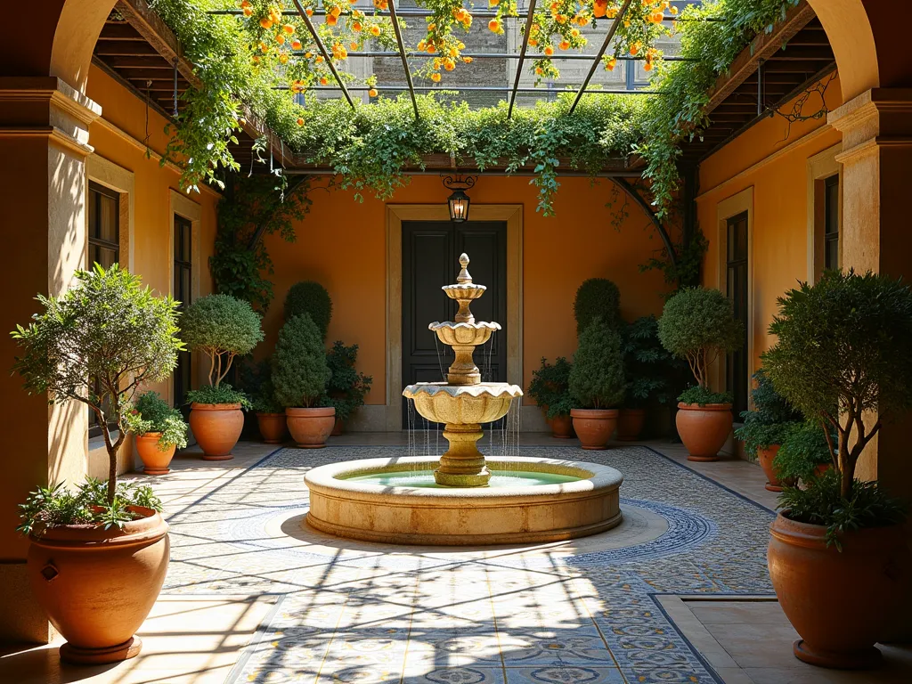 Elegant Mediterranean Atrium Courtyard - A sunlit Mediterranean-style atrium courtyard photographed during golden hour, captured with a wide-angle lens. The space features weathered terracotta pots of various sizes filled with thriving citrus trees and cascading bougainvillea. A ornate wrought-iron pergola supports climbing vines, creating dappled shadows on intricate blue and white mosaic tile flooring. The centerpiece is a three-tiered stone fountain with water gently cascading, surrounded by beds of fragrant lavender and rosemary. Warm sunlight filters through the glass atrium ceiling, highlighting the textured stucco walls in warm ochre tones. Mediterranean cyprus trees stand in large planters in the corners, while clay amphoras and traditional Mediterranean architectural elements complete the scene. Shot at f/8 for optimal depth of field, capturing the interplay of light and shadow throughout the space.