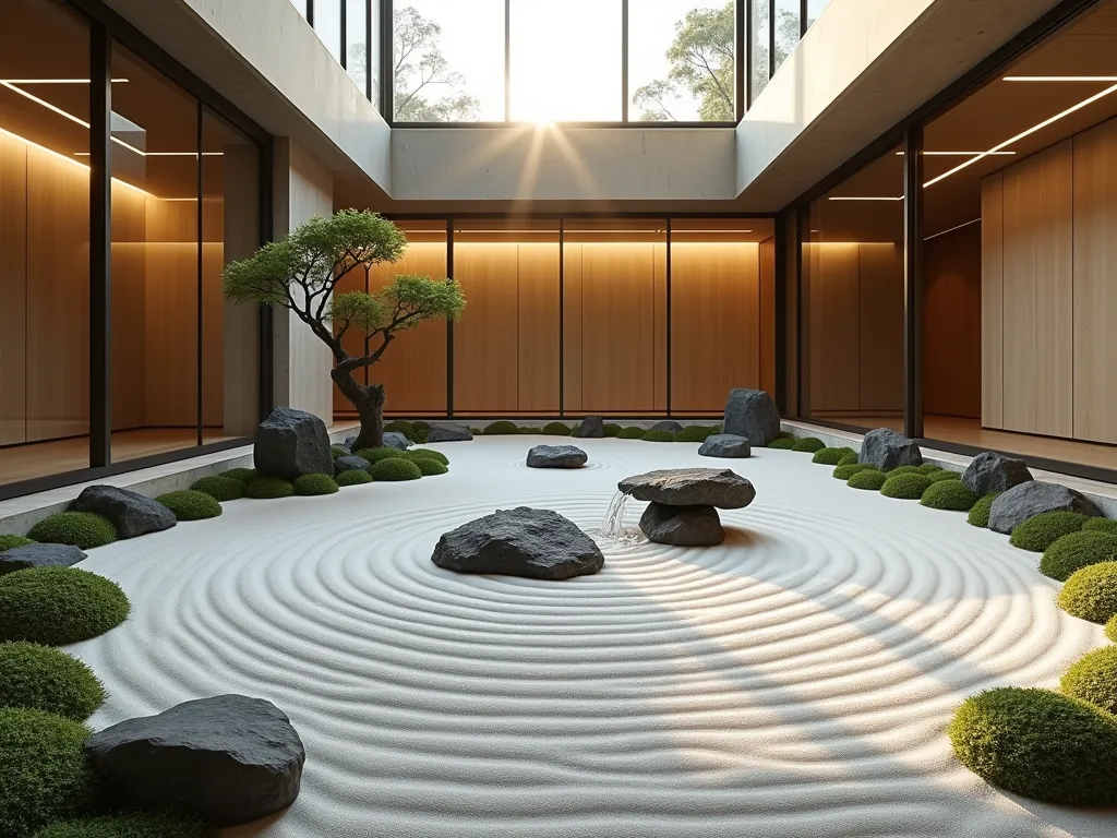 Minimalist Japanese Zen Atrium Garden - A serene indoor atrium zen garden photographed during golden hour, with natural light streaming through glass ceiling panels. Wide-angle shot showcasing a meticulously raked white sand garden with concentric circles rippling around carefully placed granite stones of varying sizes. A slender black bamboo water feature creates gentle movement, its water trickling over smooth river rocks. Low-growing moss patches and a single carefully pruned cloud-form juniper add subtle greenery. Modern minimalist architecture frames the space with clean lines and natural materials. Strategic uplighting casts dramatic shadows of the rock formations onto light wooden walls. The space emanates tranquility through its balanced composition and zen aesthetics. Shot with a DSLR camera, wide-angle lens, f/8, ISO 100, 1/125 sec, capturing the interplay of natural and artificial light.