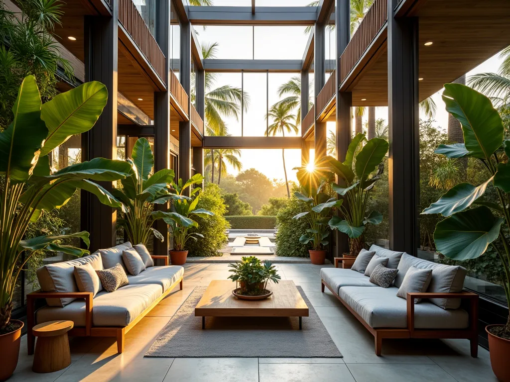 Modern Atrium Living Room Garden Oasis - A stunning wide-angle DSLR shot of a luxurious indoor-outdoor living room atrium, captured during golden hour. Soaring 20-foot glass walls flood the space with warm natural light, highlighting a sophisticated seating area with modern gray linen sofas and teak accent chairs. Cascading monstera deliciosa and bird of paradise plants frame the space, while potted fiddle leaf figs create natural room dividers. A central water feature provides gentle ambient sound. Sleek recessed LED lighting illuminates tropical understory plants. Climate control vents are elegantly integrated into wooden ceiling beams. Natural stone flooring transitions seamlessly from indoor to outdoor spaces. The composition emphasizes the harmonious blend of architectural elements and lush greenery, shot at f/8 for optimal depth of field, ISO 100 for clarity, showcasing the perfect marriage of comfort and nature.