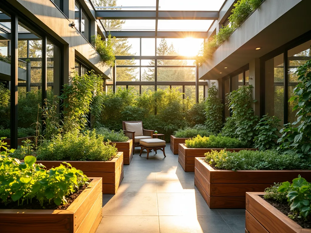 Modern Atrium Urban Vegetable Garden - A stunning glass-enclosed atrium garden photographed during golden hour, featuring sleek raised wooden vegetable beds arranged in a geometric pattern. Natural sunlight streams through the glass ceiling, casting warm shadows on contemporary cedar planters filled with lush herbs and vegetables. A minimalist steel trellis system covers one wall, supporting climbing tomatoes and peas. The center features a modern lounge area with a woven rattan chair and small table, perfect for garden maintenance breaks. The space includes vertical hydroponic systems with lettuce and microgreens, while copper plant markers add an elegant touch. Captured with a wide-angle perspective to show the full atrium space, emphasizing the interplay of natural light and organic elements against modern architectural details.