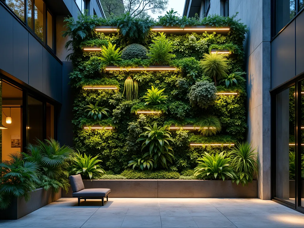 Modern Atrium Living Wall at Dusk - A stunning modern atrium living wall photographed at dusk with dramatic LED uplighting, captured with a DSLR camera at f/8. The floor-to-ceiling vertical garden features a meticulously designed pattern of varied foliage including ferns, philodendrons, and moss in different shades of green. Sleek horizontal LED strips create a warm ambient glow between plant sections, highlighting the textural contrast of the vegetation. The wall includes an integrated irrigation system with subtle drip lines. The composition is shot from a slight angle to show depth, with glass walls reflecting the garden's beauty. Modern minimalist furniture and polished concrete floors complete the contemporary aesthetic. Photographed with natural evening light mixed with the artificial illumination, creating a moody, sophisticated atmosphere.