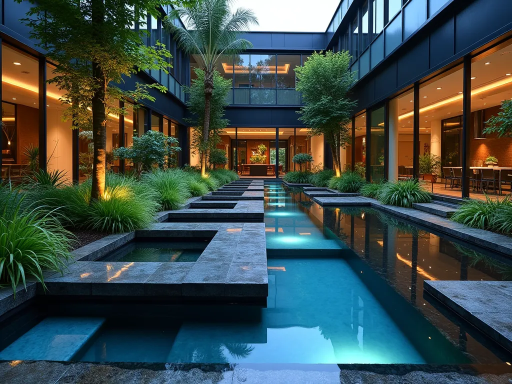 Modern Atrium Water Garden at Dusk - A stunning contemporary indoor atrium garden photographed at dusk with a wide-angle lens, featuring a geometric multi-tiered water feature as the centerpiece. Sleek dark basalt stone platforms float above crystal-clear shallow pools, connected by minimalist rectangular stepping stones. Modern LED strips emit a cool blue glow from beneath the water's surface, creating dramatic reflections on the surrounding glass walls. Lush moisture-loving plants including Japanese forest grass, maidenhair ferns, and peace lilies cascade over weathered copper planters. The scene is captured with natural light mixing with the LED illumination, showing water droplets catching the light as they fall between levels. Shot at f/2.8 to create atmospheric depth while maintaining sharp architectural details.