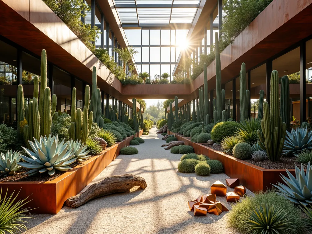 Modern Desert Atrium Sanctuary - A stunning indoor atrium garden featuring a dramatic arrangement of tall desert succulents and cacti in a modern glass-enclosed space. Multiple levels of weathered Corten steel planters create a striking architectural composition, filled with blue agave, barrel cacti, and towering saguaro. Natural sunlight streams through the glass ceiling, casting intricate shadows across a meticulously arranged ground cover of light-colored gravel and desert sand. A sculptural piece of twisted juniper wood serves as a natural focal point, while copper-toned geometric sculptures add contemporary flair. The space is photographed during golden hour, with warm light filtering through the glass walls, creating a mesmerizing interplay of light and shadow. Shot with a wide-angle lens to capture the vertical scope of the atrium, with careful attention to the layered composition and depth of the desert landscape. Cinematic quality, professional lighting, high resolution, 4K.