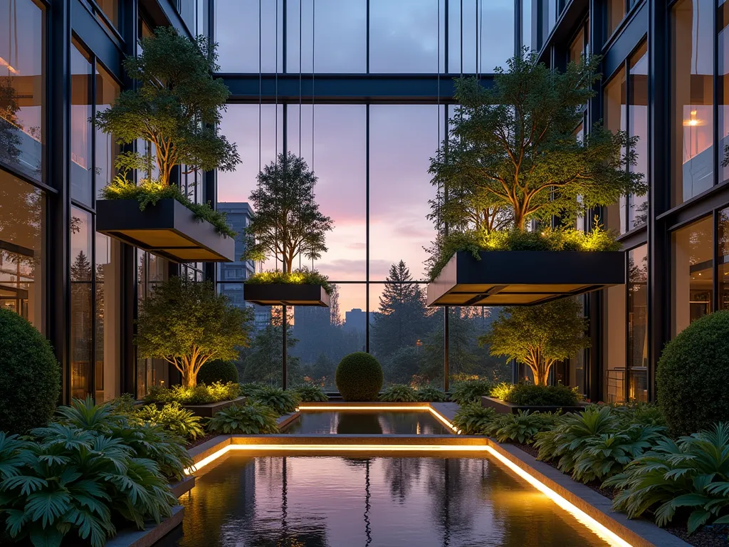 Modern Floating Garden Platforms in Atrium - A stunning modern atrium garden featuring multiple suspended steel and glass platforms floating at different heights, photographed at dusk. The platforms showcase cascading Boston ferns, Japanese maple trees, and trailing pothos plants. Dramatic up-lighting illuminates the floating gardens from below, creating ethereal shadows on the glass atrium walls. The suspended platforms are connected by thin steel cables that seem to disappear in the ambient light. Captured with a wide-angle lens from a low angle perspective, emphasizing the floating effect and vertical depth. The atrium's glass ceiling reveals a purple-orange sunset sky, while LED strip lighting outlines each platform's edge, creating a mesmerizing reflection in the small meditation pool below.