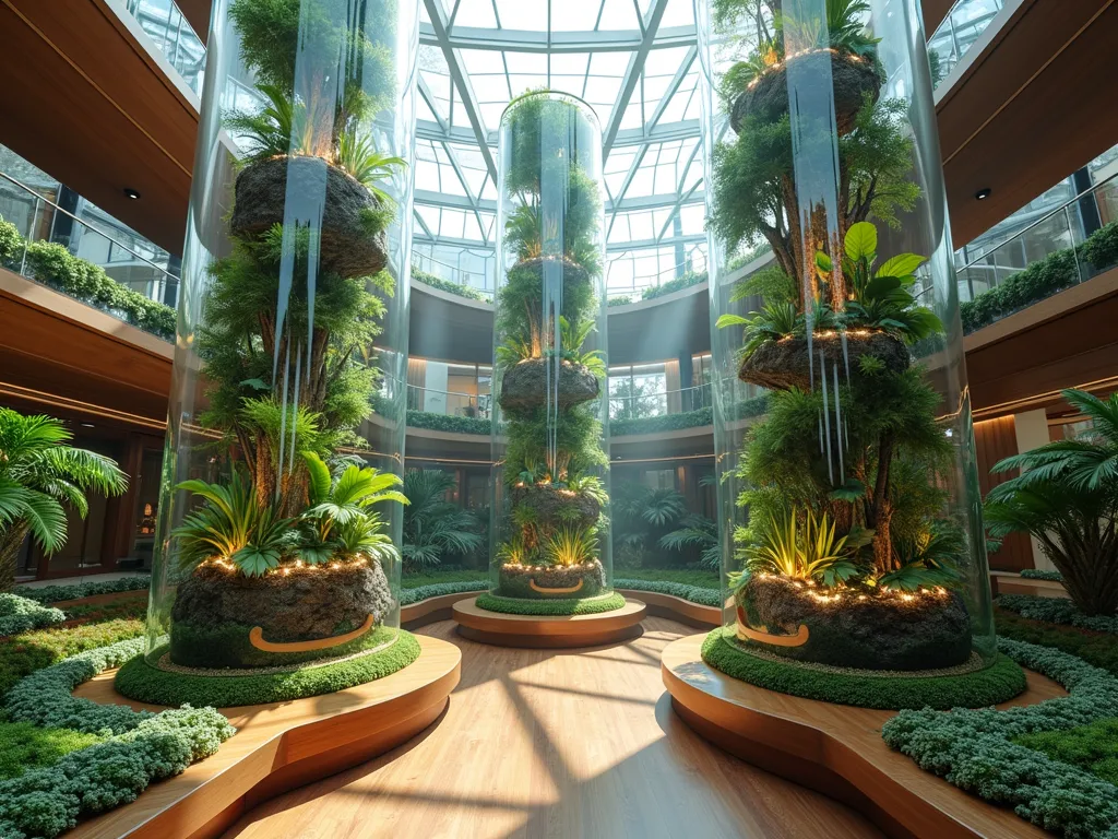 Modern Indoor Atrium Terrarium Garden - A stunning wide-angle view of a contemporary indoor atrium space featuring three massive cylindrical glass terrariums, each standing 8 feet tall. The terrariums are artfully lit by natural skylight and contain distinct micro-environments: a tropical rainforest with delicate mist cascading down exotic ferns and orchids, a desert landscape with sculptural succulents and cacti, and a moss-covered woodland scene with miniature trees and fungi. The terrariums are surrounded by sleek wooden viewing platforms and benches, creating an immersive observation area. Crystal-clear glass reveals detailed layers of soil, activated charcoal, and living plants. Automated misting systems create a ethereal atmosphere as tiny water droplets catch the natural light. Professional architectural lighting highlights the varying textures and depths within each ecosystem. Photorealistic, high-end interior design, 8k quality.