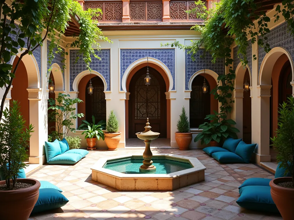 Luxurious Moroccan Riad Atrium Garden - A stunning DSLR wide-angle shot of a sunlit Moroccan-style atrium garden, featuring intricate blue and turquoise zellige tiles adorning white archways. A magnificent octagonal bronze fountain takes center stage, its water creating gentle ripples in the afternoon light. Lush jasmine vines cascade down weathered terracotta walls, while potted citrus trees add Mediterranean charm. Plush jewel-toned floor cushions and brass lanterns create intimate seating areas beneath carved wooden pergolas. Ornate metal screens cast intricate shadows across the space, while climbing roses and bougainvillea add bursts of color. Shot at f/8 to capture the rich architectural details and verdant plantings in perfect clarity.