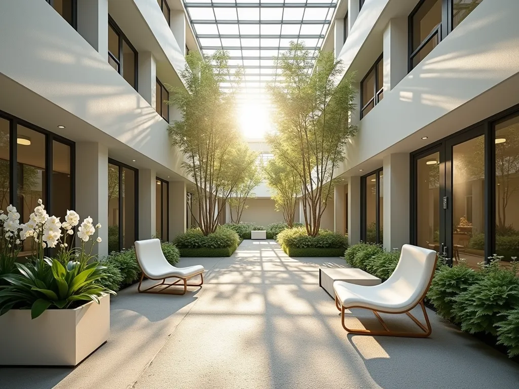 Nordic Minimalist Atrium Garden with Natural Elements - A serene indoor atrium garden photographed during golden hour, featuring clean Scandinavian design principles. The space showcases a dramatic double-height glass ceiling flooding natural light onto white-flowering peace lilies and silver-leaved Japanese painted ferns. Modern white bentwood chairs and a sleek concrete bench contrast with light bamboo screening. A focal point of white birch trees creates vertical interest, while crushed white granite pathways weave through the space. Shot with a wide-angle perspective capturing the full height of the atrium, emphasizing the interplay of natural light and shadows on minimalist surfaces. The composition includes geometric planters in matte white containing Dusty Miller and white orchids, maintaining the monochromatic palette.