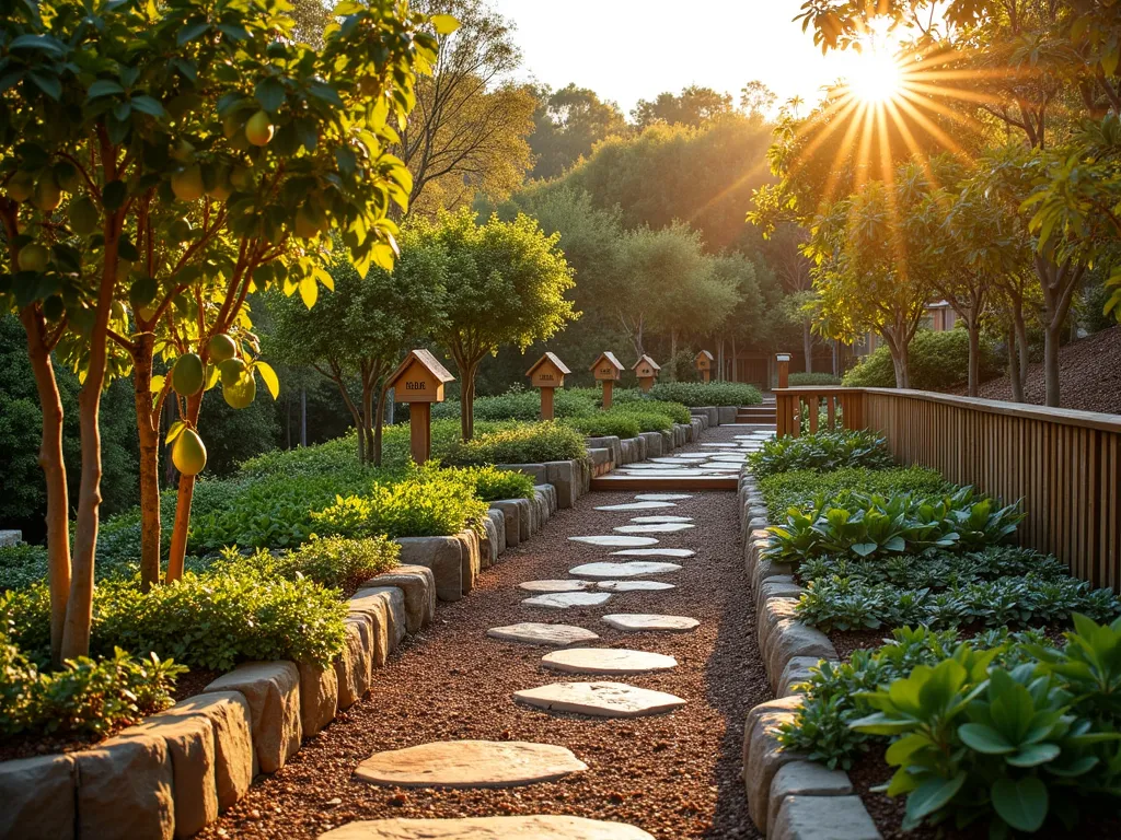 Native Australian Bush Tucker Garden at Sunset - A stunning terraced bush tucker garden at golden sunset, featuring natural stone raised beds cascading down different levels. In the foreground, thriving Finger Lime trees laden with cylindrical fruits catch the warm light. Davidson Plum trees create a lush backdrop, while beds of vibrant Warrigal Greens carpet the middle ground. Natural wooden signs with pyrographed plant names add an educational touch. Stone pathways wind between the beds, lined with crushed eucalyptus mulch. Native bee houses and bird baths integrate seamlessly. The garden is photographed from a slightly elevated angle, capturing the whole design while highlighting the textures of different native edibles. Warm sunset lighting casts long shadows and illuminates the garden's natural elements, creating a magical Australian twilight atmosphere.