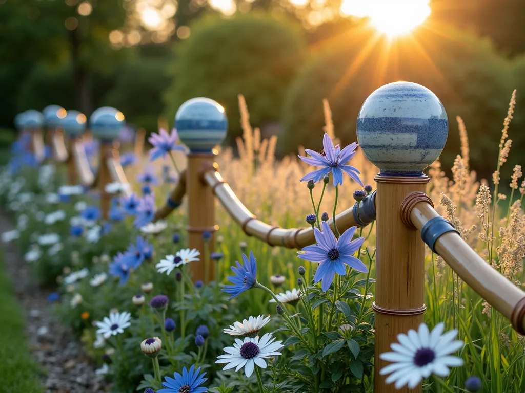 Artistic Bamboo-Ceramic Garden Border - Close-up shot during golden hour of an elegant garden border featuring natural bamboo poles alternating with hand-painted blue and white ceramic posts. The bamboo poles are connected by copper wire, creating a sophisticated edge along a flowering perennial garden. Delicate blue delphiniums and white echinacea flowers peek through the edging, while ornamental grasses sway in the background. Handcrafted ceramic balls in complementary colors rest between some bamboo sections, catching the warm evening light. The border follows a gentle curve, leading the eye through a beautifully landscaped garden space with Japanese maple trees providing a sophisticated backdrop.