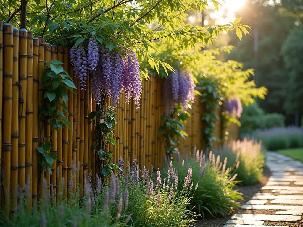 Bamboo and Climbing Vine Garden Border - A stunning garden border photographed at golden hour, featuring elegant bamboo poles arranged in a linear pattern, supporting lush purple wisteria and emerald green ivy vines. The bamboo poles, standing 6 feet tall, create a natural fence-like edging with weathered copper caps. Climbing vines gracefully wind around the bamboo, creating a living tapestry of foliage and flowers. Soft evening sunlight filters through the leaves, casting intricate shadows on a stone pathway below. Shot with a wide-angle lens at f/8, capturing the full scope of the natural boundary against a backdrop of ornamental grasses and flowering perennials. The composition shows the organic integration of structural bamboo with the flowing movement of seasonal vines in a well-maintained garden setting.