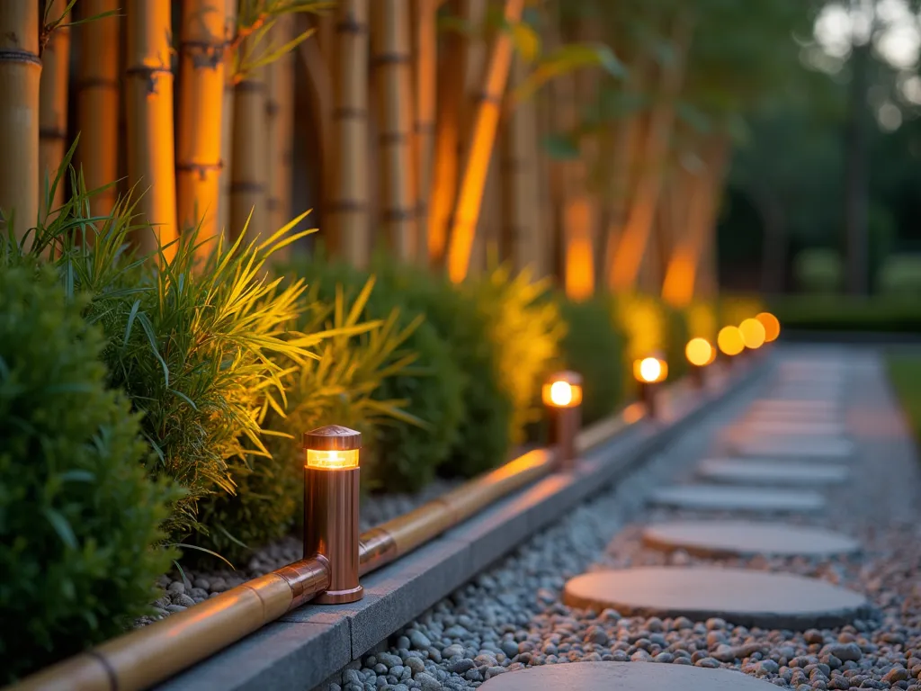 Elegant Bamboo and Copper Garden Border - A close-up twilight shot of a sophisticated garden edge featuring polished bamboo poles arranged horizontally, connected by sleek copper joints that gleam in the warm evening light. The bamboo border stands 18 inches tall, with copper caps on top catching the golden hour sunlight. Natural bamboo's honey tones contrast beautifully with the rich copper accents. Behind the edging, ornamental grasses and Japanese forest grass sway gently, while smooth river stones line the base. Soft landscape lighting creates a peaceful ambiance, casting intricate shadows through the bamboo onto a zen-inspired gravel path. Shot at f/2.8 with shallow depth of field, creating a dreamy bokeh effect in the background garden.