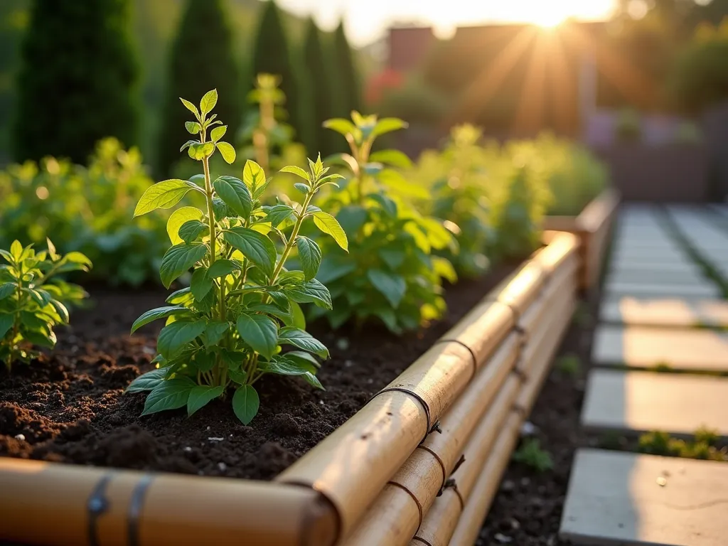 Raised Bamboo Herb Garden Border - Close-up view of an elegant raised herb garden bed at golden hour, featuring natural bamboo pole edging arranged in a clean geometric pattern. Fresh herbs including basil, thyme, and sage grow in organized sections within the raised bed. The bamboo poles are connected horizontally to form a clean, modern border approximately 12 inches high. Soft evening sunlight filters through the herbs, creating gentle shadows on the rich soil. The background shows a blurred modern patio space with natural stone pavers.