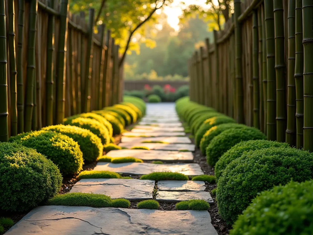 Bamboo and Moss Garden Border at Dusk - A serene garden pathway at dusk, photographed with a DSLR wide-angle lens, featuring elegant bamboo edging arranged in a continuous border. The bamboo poles, varying in height from 12-18 inches, create a natural fence line that separates a stone pathway from lush garden beds. Emerald green moss grows abundantly at the base of the bamboo, creating a soft, carpet-like transition between the path and border. Golden hour lighting casts long shadows across the scene, while subtle landscape lighting illuminates the bamboo poles from below. The background shows Japanese maple trees and ornamental grasses, slightly out of focus, creating depth. Captured with perfect exposure at f/8, showcasing the intricate texture of both bamboo and moss, with morning dew drops glistening on the moss surface.