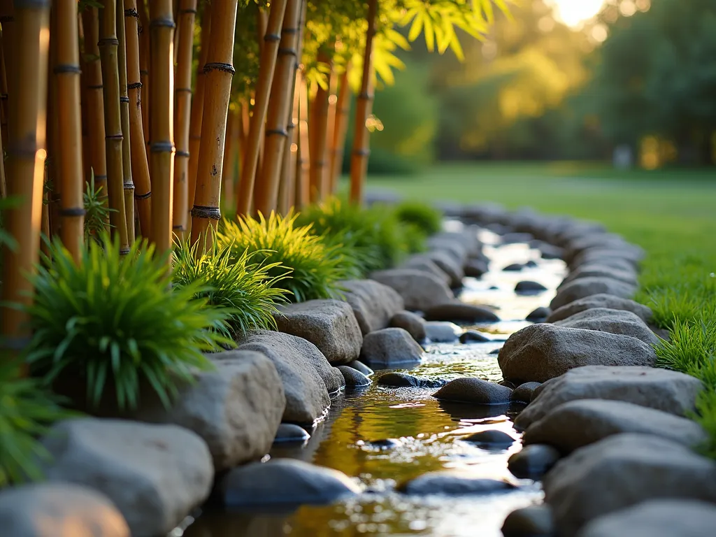 Bamboo and River Rock Drainage Channel Edge - A beautifully designed garden edge featuring vertical bamboo poles arranged in a neat row alongside a meandering river rock drainage channel, photographed during golden hour. The bamboo poles, standing at varying heights of 3-4 feet, cast gentle shadows across smooth gray and tan river rocks that fill a 12-inch wide channel. Clear water trickles through the rocks, creating subtle reflections of the evening light. Lush green ornamental grasses and small ferns soften the edge of the bamboo border. Shot from a low angle perspective with a shallow depth of field, highlighting the natural textures of both bamboo and stones. Professional landscaping lighting illuminates the scene with warm, gentle uplighting.