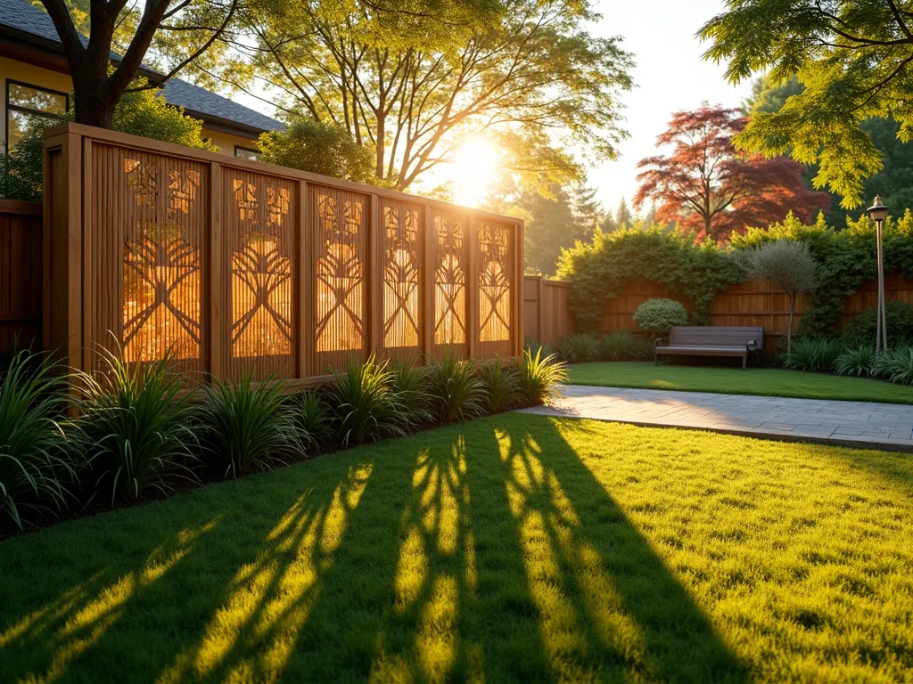 Bamboo Shadow Screen Garden Edge at Sunset - A serene garden scene at golden hour featuring an artistic perforated bamboo panel edging, casting intricate geometric shadows across a manicured lawn. The 6-foot tall modern bamboo screen features elegant Japanese-inspired cutout patterns, creating a dramatic interplay of light and shadow. Natural bamboo tones complement surrounding ornamental grasses and Japanese maples. Wide-angle perspective showcases the full length of the decorative edging, with the setting sun's warm rays filtering through the perforations, creating a mesmerizing dance of shadows on the garden path. Professional architectural photography style, hyper-realistic, golden hour lighting.