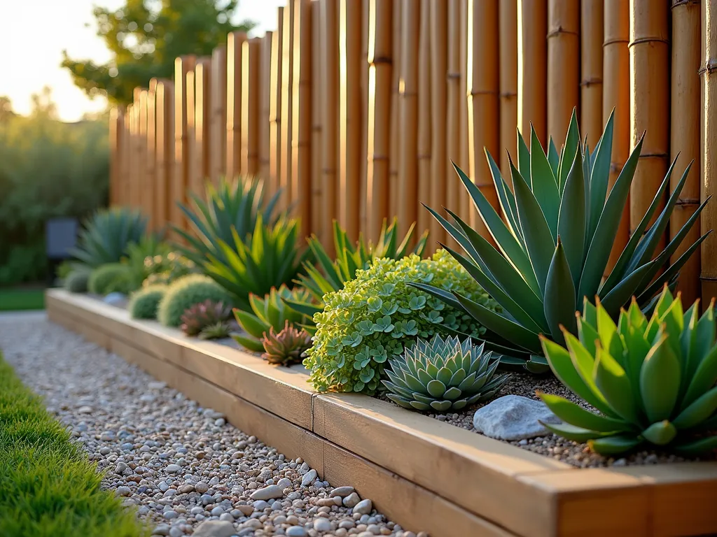 Zen-Inspired Bamboo and Succulent Border - A stunning garden border photographed during golden hour, featuring sleek horizontal bamboo edging arranged in a modern style, complemented by an artfully arranged collection of diverse succulents. The low-growing Echeveria, Sedum, and Agave plants create a striking textural contrast against the smooth bamboo poles. Natural sunlight filters through the scene, casting warm shadows and highlighting the architectural forms of the succulents. The bamboo edging, standing 18 inches tall, provides a clean linear element that defines the garden space. Shot with a wide-angle lens at f/8, capturing both the immediate textural details and the broader landscape context. The composition shows a harmonious blend of Asian and desert design elements, with small decorative rocks and pebbles scattered throughout. Photographed in high resolution with remarkable detail and clarity, emphasizing the juxtaposition of the vertical bamboo lines against the organic shapes of the succulents.