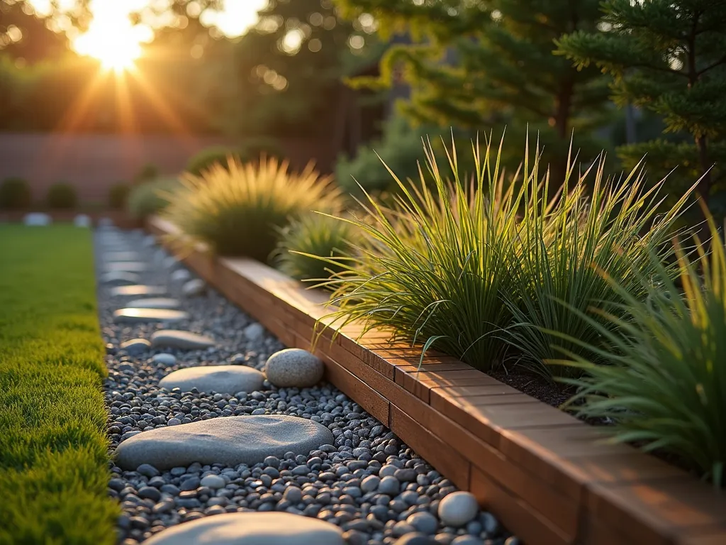 Modern Bamboo Block Garden Border - A close-up shot at golden hour of a contemporary garden edge made from thick, uniform bamboo segments arranged horizontally. The bamboo blocks, each 8 inches long, are stained in a dark espresso tone and set partially into the ground, creating a striking modern border between a minimalist zen garden and a manicured lawn. Architectural grasses and specimen plants cast long shadows across the clean-lined bamboo edging, while smooth river rocks provide textural contrast. The lighting emphasizes the natural grain patterns in the bamboo blocks, highlighting their organic yet geometric appearance.