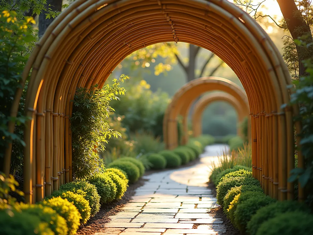 Elegant Bamboo Rainbow Garden Arch - A professional DSLR photo capturing a serene garden path lined with gracefully curved bamboo edging forming elegant rainbow-like arches. The bamboo poles, varying in natural golden hues, are artfully bent and secured to create flowing curves that frame a winding garden path. Soft evening sunlight filters through the bamboo arches, casting gentle shadows on the stone pathway below. Japanese maples and ornamental grasses provide a lush backdrop, while climbing jasmine delicately weaves through the bamboo structure. The wide-angle composition showcases the rhythmic repetition of multiple bamboo arches receding into the distance, creating a romantic and enchanting garden passage. Shot at golden hour with precise attention to depth of field, highlighting both the intricate bamboo details and the overall landscape design.