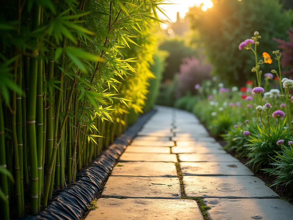 Elegant Dwarf Bamboo Garden Border - A serene garden path bordered by lush dwarf bamboo (Bambusa multiplex) creating a natural living edge, photographed during golden hour. The manicured bamboo stands 3 feet tall, forming a precise, emerald-green boundary between a stone pathway and flowering perennial garden. Sunlight filters through the delicate bamboo leaves, casting intricate shadows on the natural stone pavers below. A black plastic root barrier is partially visible at ground level, demonstrating proper containment. The composition is captured from a low angle, emphasizing the architectural quality of the bamboo stems and the textural contrast between the smooth stones and feathery foliage. Soft bokeh effect in background reveals colorful flowering plants. Professional DSLR photo with pristine clarity and natural lighting.