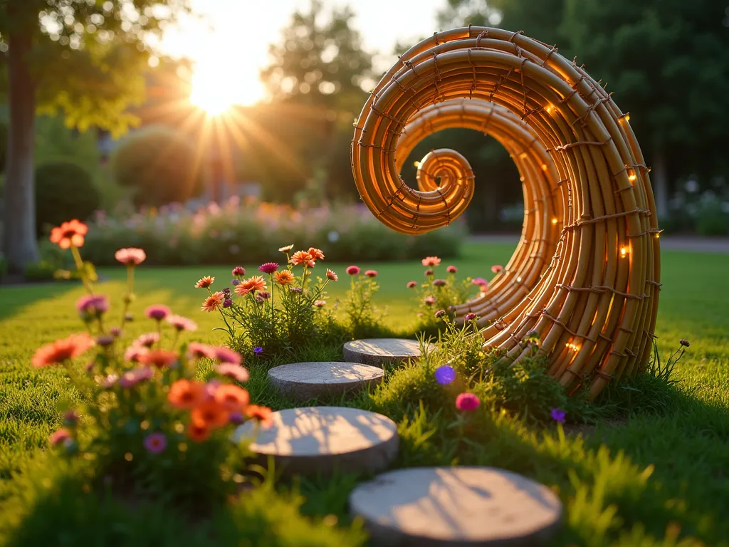 Enchanted Spiral Bamboo Garden Border - A whimsical garden scene at golden hour featuring a spiral-shaped bamboo border crafted from polished bamboo poles. The border gracefully curves in an artistic spiral pattern, creating a mesmerizing edge around a vibrant children's garden bed. Shot from a medium-low angle to emphasize the dynamic spiral movement, with soft sunlight filtering through the bamboo creating intricate shadow patterns. The garden bed contains colorful flowering plants and stepping stones, while fairy lights are intertwined within the bamboo spiral, adding a magical touch. The background shows a well-maintained lawn and mature trees capturing the late afternoon light. Photographed with a shallow depth of field to create a dreamy atmosphere, with the spiral bamboo border as the sharp focal point. 16mm wide-angle lens, f/2.8, ISO 400, golden hour lighting.