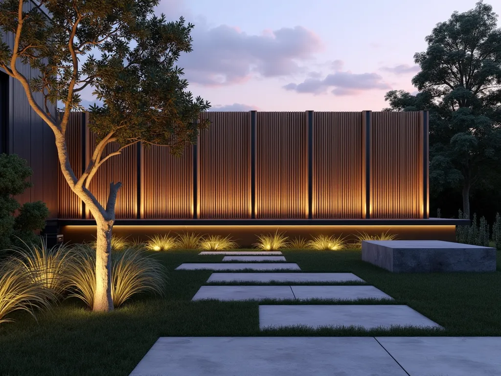 Floating Bamboo Garden Border at Dusk - A modern garden landscape at dusk featuring an elevated bamboo border that appears to float above ground, illuminated by subtle ground lighting. The bamboo poles are arranged horizontally at varying heights, creating a contemporary floating fence effect. Natural stone pavers lead through a zen-inspired garden space with ornamental grasses swaying beneath the suspended bamboo structure. The bamboo sections are connected by sleek metal posts that seem to disappear in the twilight, enhancing the floating illusion. Soft ambient lighting casts dramatic shadows across a minimalist garden design, while architectural plants create depth in the background. Shot from a medium-low angle to emphasize the floating effect, with subtle purple-orange sunset hues in the sky, photorealistic, 8k quality.