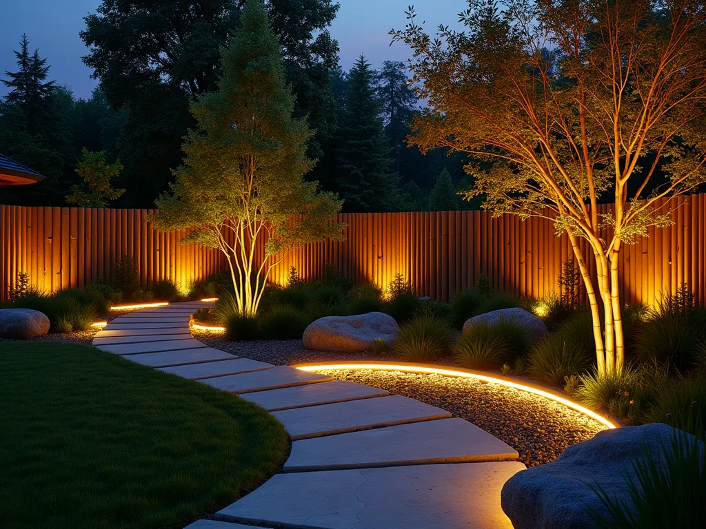 Illuminated Bamboo Garden Border at Twilight - A mesmerizing twilight garden scene featuring elegant bamboo edging lined with warm white LED strip lights, creating a subtle golden glow along a curved garden path. Natural bamboo poles of varying heights are artfully arranged in a modern, rhythmic pattern, defining the border between a meticulously maintained lawn and a zen-inspired garden bed filled with ornamental grasses. The LED lights cast enchanting shadows through the bamboo stems, while softly illuminating nearby Japanese maple leaves and creating a magical reflection on smooth river stones below. The wide-angle composition captures the transition from day to night, with a deep purple-blue sky above and the bamboo border acting as a luminous guide through the landscape. Atmospheric lighting emphasizes the natural texture of the bamboo and creates a sophisticated, contemporary garden atmosphere.