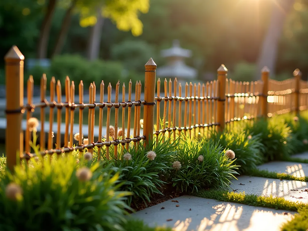 Elegant Miniature Bamboo Garden Border - A close-up shot of a delicate miniature bamboo fence garden edging at golden hour, standing 18 inches tall with thin bamboo poles artfully arranged in a traditional Japanese pattern. The fence features alternating heights of natural bamboo stakes connected by dark twine, creating an intricate geometric pattern. Lush ornamental grasses and flowering perennials spill gracefully over both sides of the edging, while soft evening sunlight filters through the bamboo creating striking shadows on the stone pathway. The background shows a serene Japanese-inspired garden with a small water feature, captured with shallow depth of field. Shot with a DSLR camera using a wide-angle lens at f/8, ISO 100, 1/125 sec in warm, natural lighting.