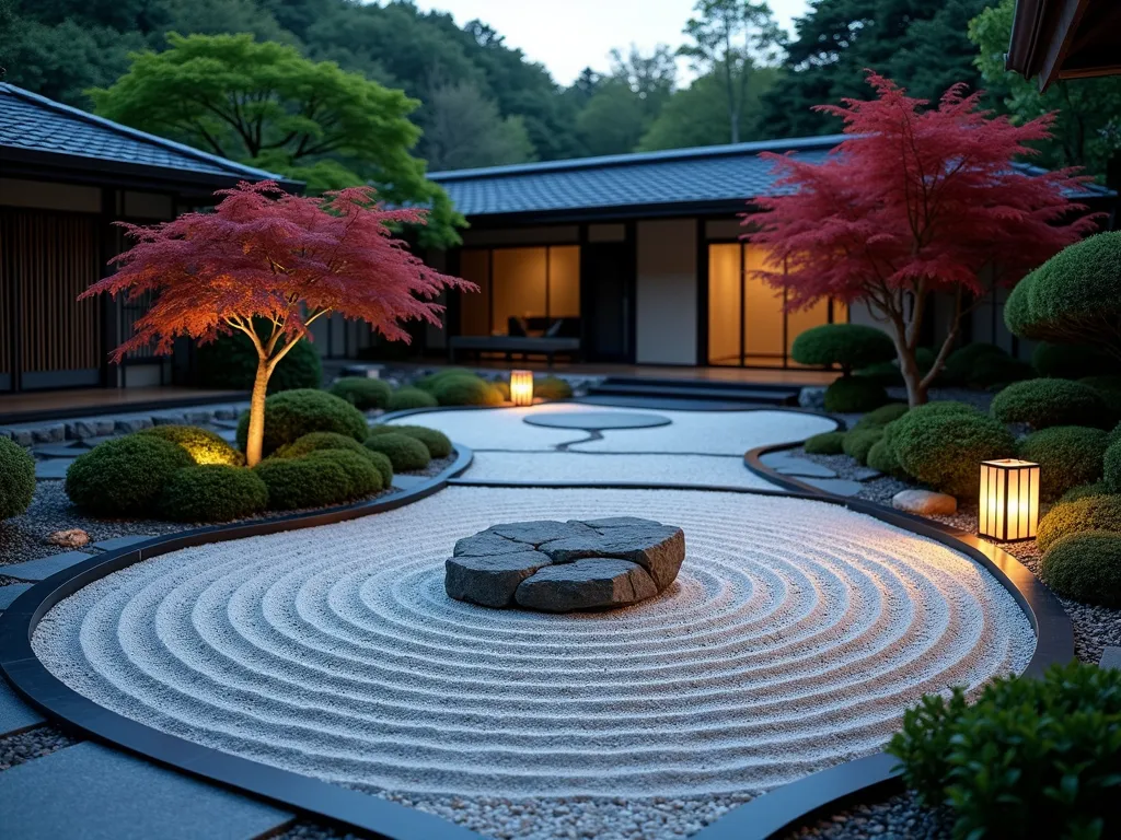 Minimalist Zen Garden with Bamboo Border - A serene Japanese-inspired zen garden at dusk, photographed with a wide-angle lens. Elegant black bamboo edging creates clean lines against pristine white raked gravel patterns forming concentric circles. Natural stone pathway leads through the space, with carefully placed moss-covered rocks adding organic elements. Low-profile Japanese maple provides a subtle splash of deep red foliage. Soft evening light casts gentle shadows across the geometric gravel patterns, while paper lanterns emit a warm glow. Shot with shallow depth of field highlighting the precise bamboo edging detail. Professional DSLR capture at f/8, ISO 100, 1/125 sec, emphasizing the garden's peaceful ambiance and minimalist aesthetic.