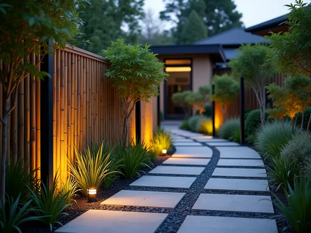 Modern Bamboo Steel Garden Border - A stylish garden border at dusk featuring tall bamboo poles alternating with sleek black steel posts, creating a contemporary edge along a zen-inspired garden path. The border is illuminated by subtle ground lighting, casting dramatic shadows. Shot at a 24mm focal length with a low angle perspective, emphasizing the vertical lines against a soft-focused background of ornamental grasses and Japanese maples. The steel posts have a weathered patina finish, complementing the natural bamboo texture. Modern geometric concrete pavers line the pathway, while ambient garden lights create a warm atmospheric glow.