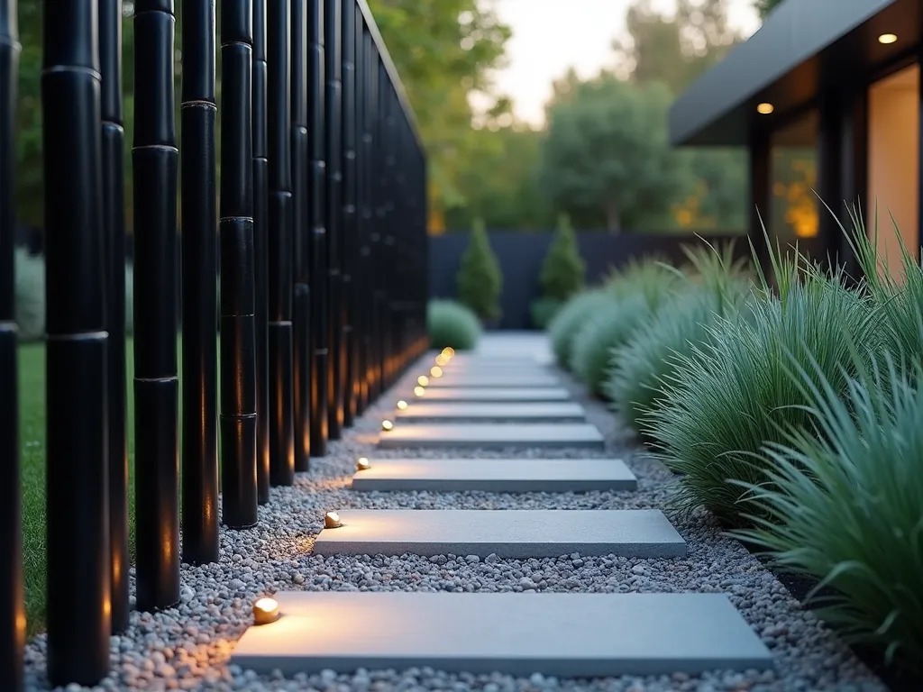 Modern Black Bamboo Garden Border - A sophisticated twilight garden scene captured with a wide-angle lens showing sleek black bamboo poles arranged in a precise linear edge formation against a modern minimalist garden. The bamboo creates dramatic shadows on light gray gravel pathways, while emerald green ornamental grasses and silver-blue sedge sway gently behind. Soft landscape lighting illuminates the bamboo from below, highlighting its glossy dark texture. The composition features clean lines and geometric patterns, with the black bamboo poles varying in height from 4-6 feet, creating a rhythmic visual barrier. Natural bokeh effect in background with contemporary architectural elements. Shot at f/2.8 with golden hour lighting casting long shadows across the scene.