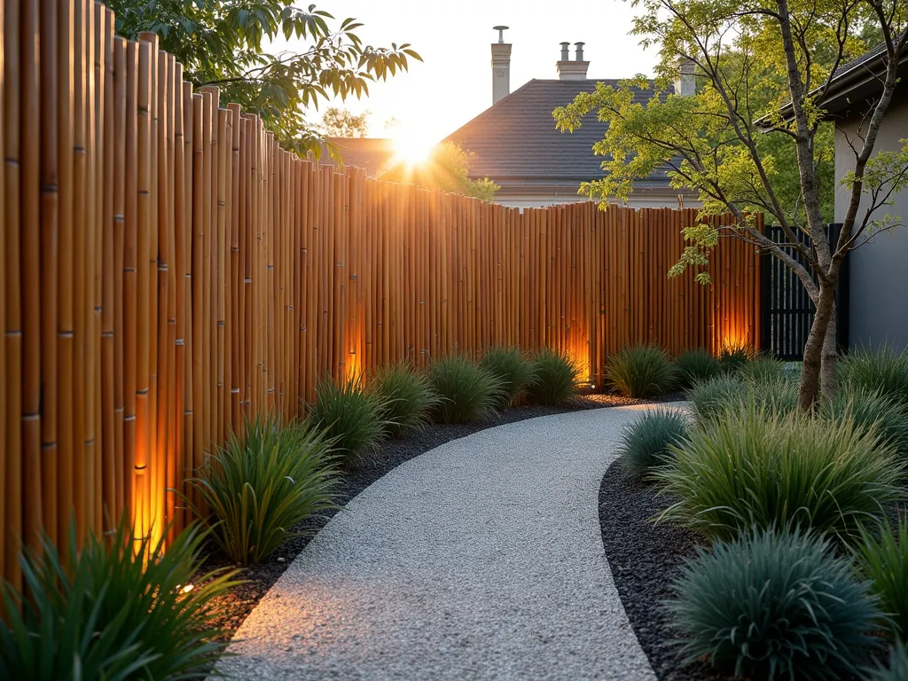 Modern Chevron Bamboo Garden Border - A stunning wide-angle DSLR photograph of a modern garden border featuring bamboo poles meticulously arranged in a dramatic chevron pattern, captured during golden hour. The bamboo poles, varying in natural tan and honey tones, create a sophisticated zigzag pattern against a backdrop of ornamental grasses and contemporary landscaping. The low evening sun casts long shadows across the geometric design, emphasizing its architectural appeal. The border elegantly separates a minimalist gravel pathway from a lush garden bed filled with Japanese forest grass and black mondo grass. The chevron pattern extends for several meters, photographed at f/8 with perfect depth of field, showcasing the precise angular arrangement and natural texture of the bamboo. Modern outdoor spotlights are strategically placed to illuminate the pattern at night.